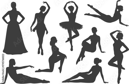 Collection of ballet dancer silhouettes in various poses isolated on white background