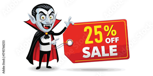 Vampire character promoting a 25 percent off sale tag