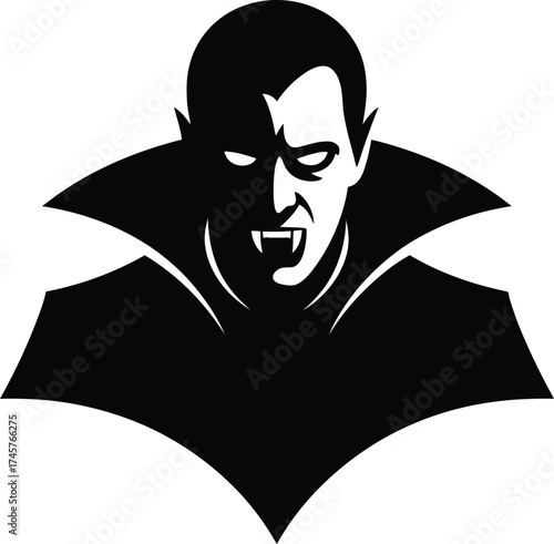 Dramatic vampire head with cape fangs and glowing eyes on transparent background silhouette