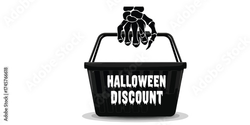 A spooky skeleton hand grips a black shopping basket with 'Halloween Discount' printed on its side, suggesting a sale.