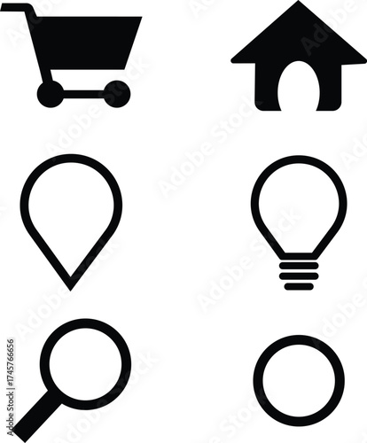Six classic website icons shopping cart house map location light bulb magnifying glass and circle isolated on white background