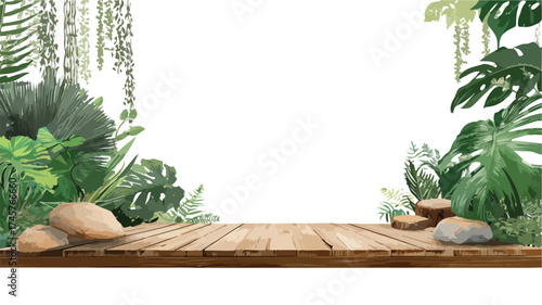Lush Jungle Wooden Platform Product Display Background Vector