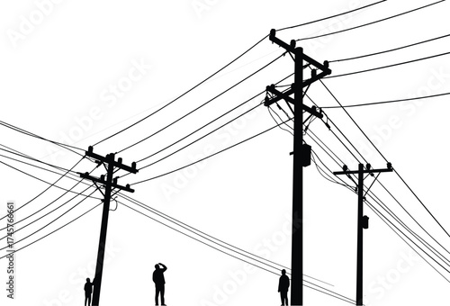 Silhouette utility poles, human figures scene, power line network, electricity distribution, urban infrastructure, voltage grid, overhead wires, black outline, energy system