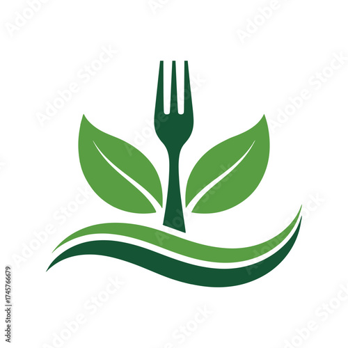 Green fork with leaves and wavy lines logo leaf nature