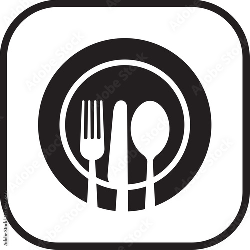 Restaurant menu cutlery icon. Minimal flat black silhouette plate, fork, knife, spoon symbol in rectangle frame, isolated on transparent background. Restaurant and cafe symbol. Vector illustration.