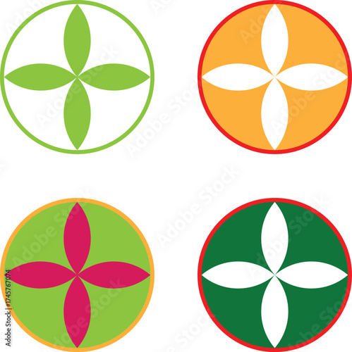 Four abstract circular designs with petal-like shapes in vibrant colors isolated on white background