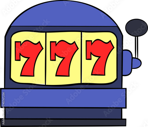 A vibrant hand-drawn slot machine displays three bright red sevens on the reels, signifying a potential jackpot and adding to the thrill of the casino environment during the lively game night.