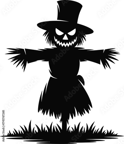 Spooky halloween scarecrow with a sinister grin on transparent background silhouette