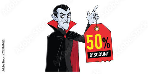 A cartoon vampire with a cape holds a bright red tag advertising a 50% discount, promoting a sale.