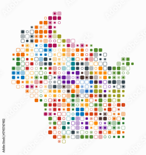 Wisconsin, shape of the state build of colored cells. Digital style map of the Wisconsin on white background. Large size rounded square blocks. Plain vector illustration.