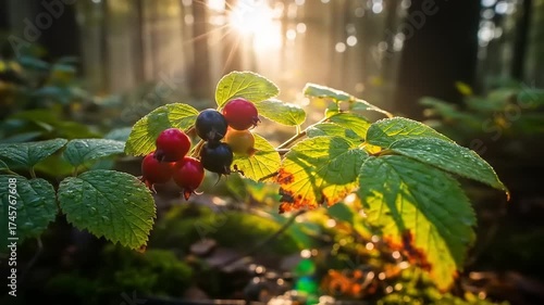 Vibrant assortment of fresh summer berries glistening with morning dew drops in a rustic outdoor setting with golden sunlight