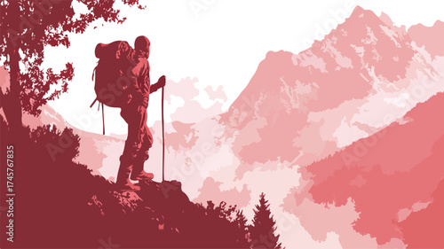 Adventure Seeker Hiking in Mountains with Backpack Vector Illustration