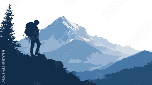 Adventure Seeker: Man Hiking Mountain with Backpack Vector Outline Isolated