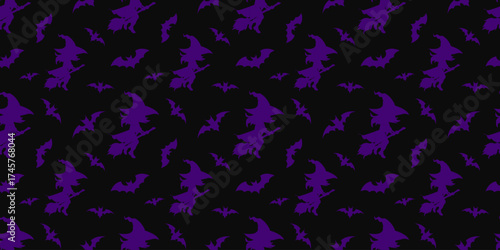 Vector seamless pattern featuring silhouettes of witches on broomsticks and flying bats on a dark background. Halloween themed design in purple and black colors