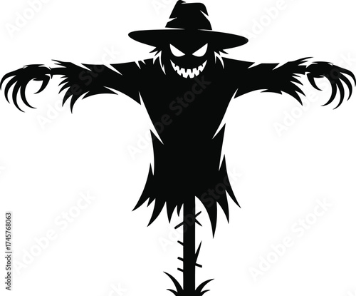 Creepy scarecrow with a menacing grin perfect for halloween on transparent background silhouette