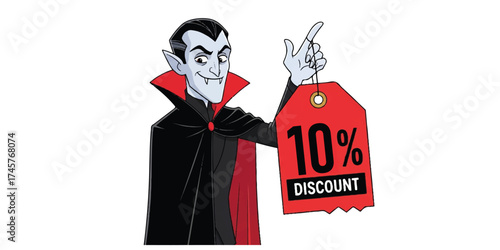 A cartoon vampire with a cape holds a red tag advertising a ten percent discount.