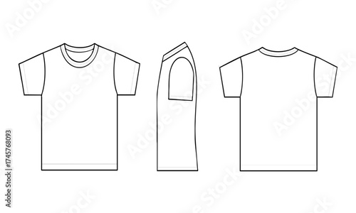 Crew Neck Short-Sleeve T-Shirt Technical Template – Triple View Vector illustration, easily editable and scalable.