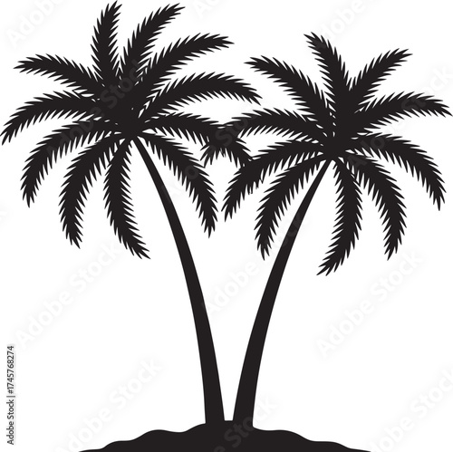 Black Silhouette of Two Palm Trees on Tropical Island.