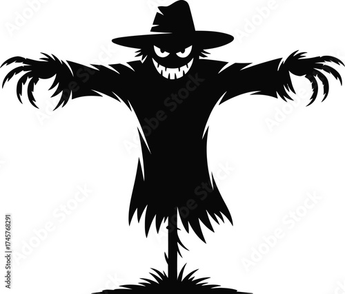 Creepy halloween scarecrow illustration with outstretched arms on transparent background silhouette