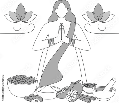 Indian tradition, Ayurveda concept, cultural wellness, prayer gesture, healthy food, spices, lotus flower, holistic lifestyle, flat design, flat vector illustration