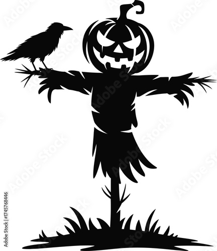 halloween pumpkin scarecrow with a raven perched on top silhouette on transparent background