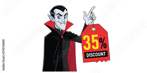 A cartoon vampire with a cape and fangs holds a bright red tag advertising a 35 percent discount.