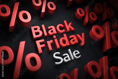 Red percentage signs float in air with Black Friday sale promotion on a dark background signaling major savings during holiday shopping season