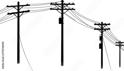 Silhouette utility poles, perspective depth, power line network, electricity distribution, urban infrastructure, voltage grid, overhead wires, black outline, energy system
