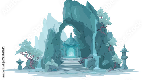 Mystical Teal Cave Shrine Fantasy Game Background Illustration