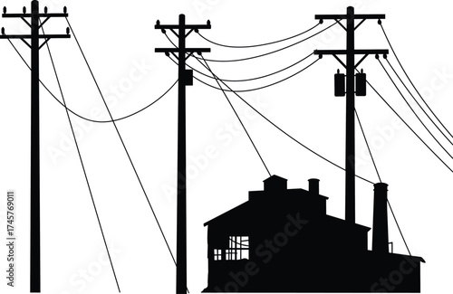 Silhouette utility poles, power line network, building with chimney, residential electricity connection, urban infrastructure, voltage distribution, black outline, industrial skyline, energy grid