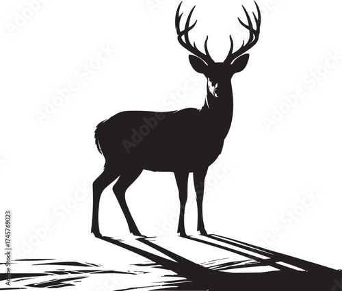 Black Silhouette of Deer with Antlers Standing Vector.