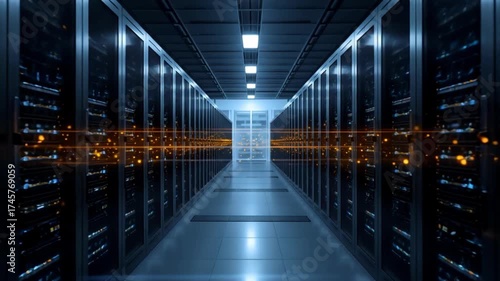 a long corridor in a data center or server room. Racks with server equipment are located along both sides of the corridor, forming rows.