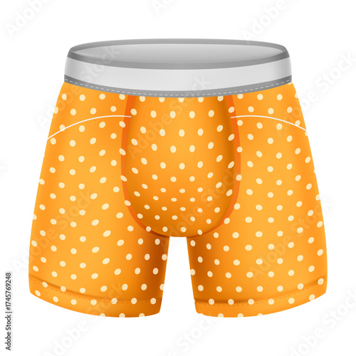 Minimalist apparel design of boxer briefs with polka dot pattern, smooth fabric texture, front-facing, clean commercial look