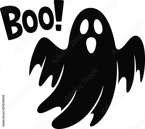 Playful cartoon ghost with boo text on transparent background silhouette