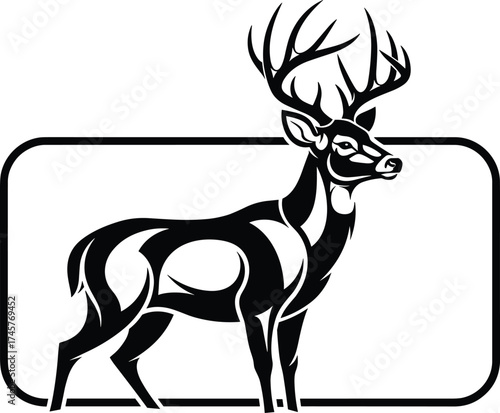 Stylized deer vector illustration, black and white wildlife art, bold antler design, graphic animal sketch, nature-themed silhouette for creative projects