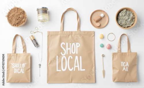 Minimalist Shop Local Bag Surrounded by Organic Cosmetics, Jewelry, and Home Goods on White Background