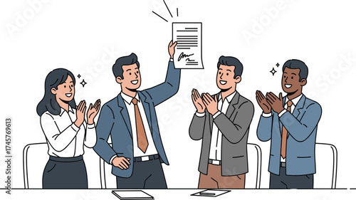 Business agreement celebration vector, successful deal illustration, team congratulation moment, signed document presentation for corporate, partnership, and professional achievement projects