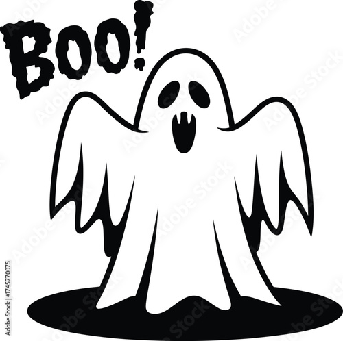 Spooky halloween ghost illustration with boo text on transparent background silhouette