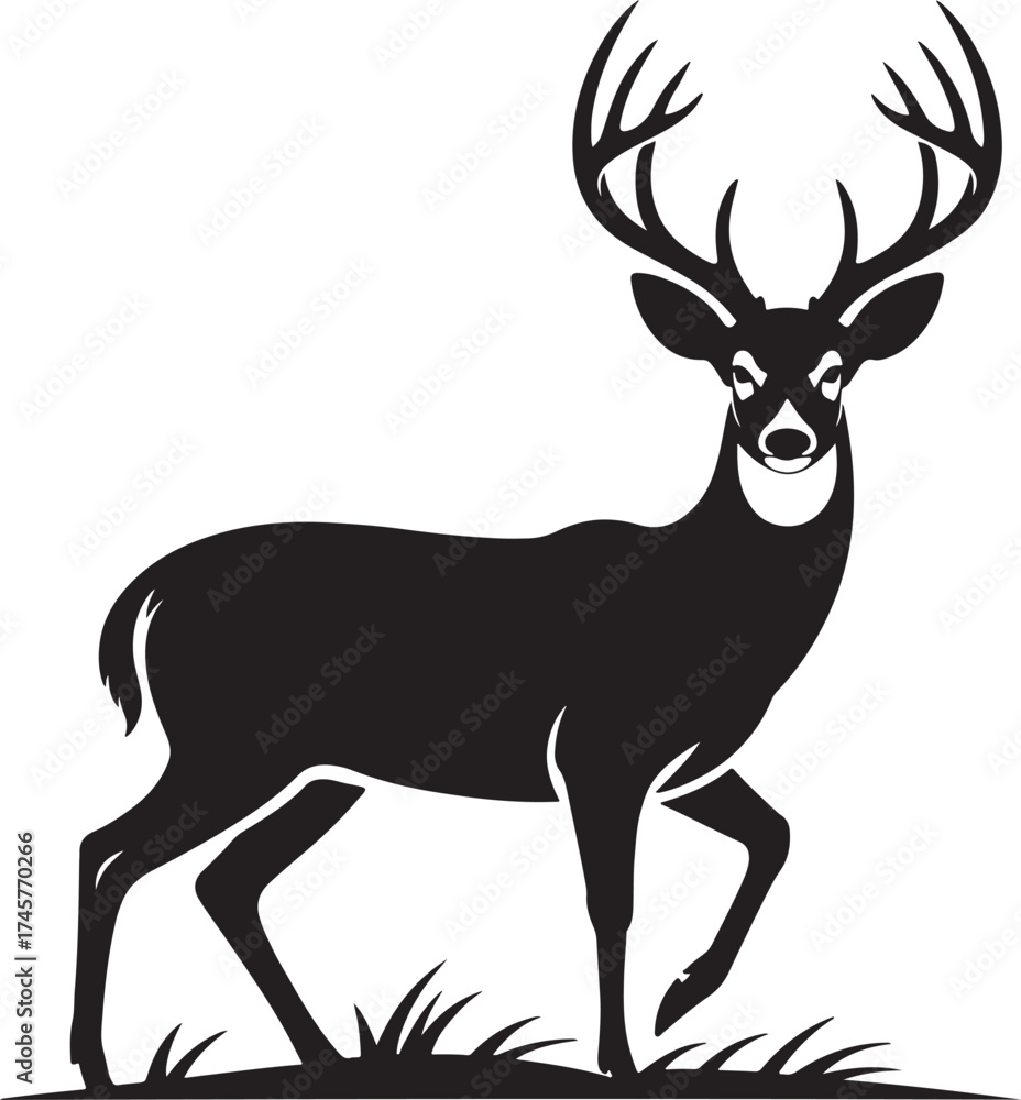 Obraz premium Black Silhouette of Deer with Antlers Standing Vector.