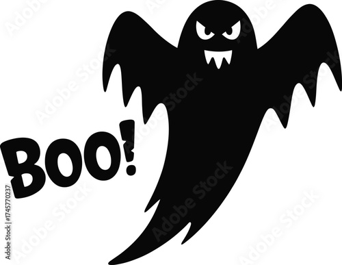 Spooky black ghost illustration with boo text on transparent background silhouette