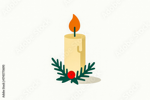 Horizontal illustration of a glowing yellow candle surrounded by green pine branches, a small red berry on a light background. A cozy and spiritual Christmas or winter holiday decoration 