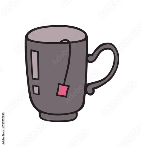 Steaming hot tea cup doodle style animation isolated vector illustration on white background. Tea bag in brown cup