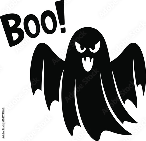 Black ghost with boo text halloween design element on transparent background silhouette