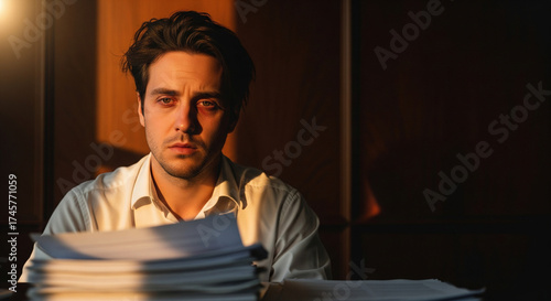 Overworked Employee with Bills Under Warm Sunset Light
