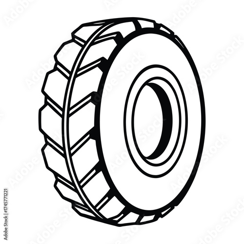 Detailed illustration of a heavy duty industrial tire with a bold tread pattern on a white background