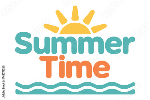 Summer time text with sun and wave isolated on white background