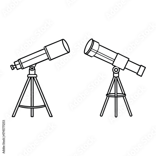 Two hand drawn astronomical telescopes on tripod mounts facing different directions