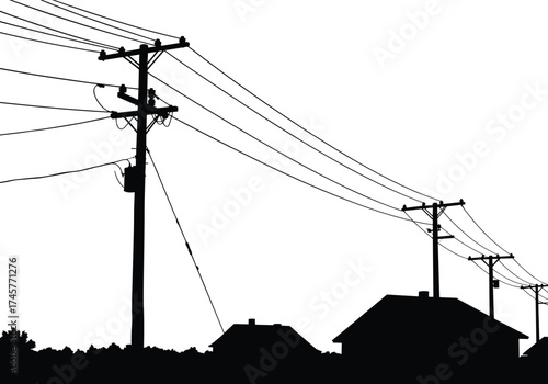 Silhouette utility poles, residential houses, power line network, suburban electricity distribution, rural infrastructure, energy grid, black outline, home electrical connection