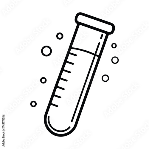 Simple hand drawn illustration of a science test tube with liquid and bubbles on a white background
