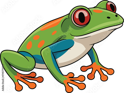 Cartoon red-eyed tree frog – colorful tropical amphibian illustration with orange toes and green body for kids, nature, and wildlife design